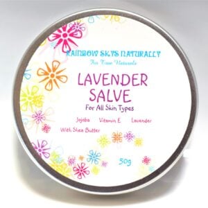 A tin of "Lavender Salve - Jojoba, Vitamin E, Lavender, with shea butter""