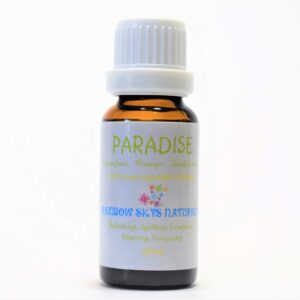 A bottle of "Paradise 100% pure essential oil blend"